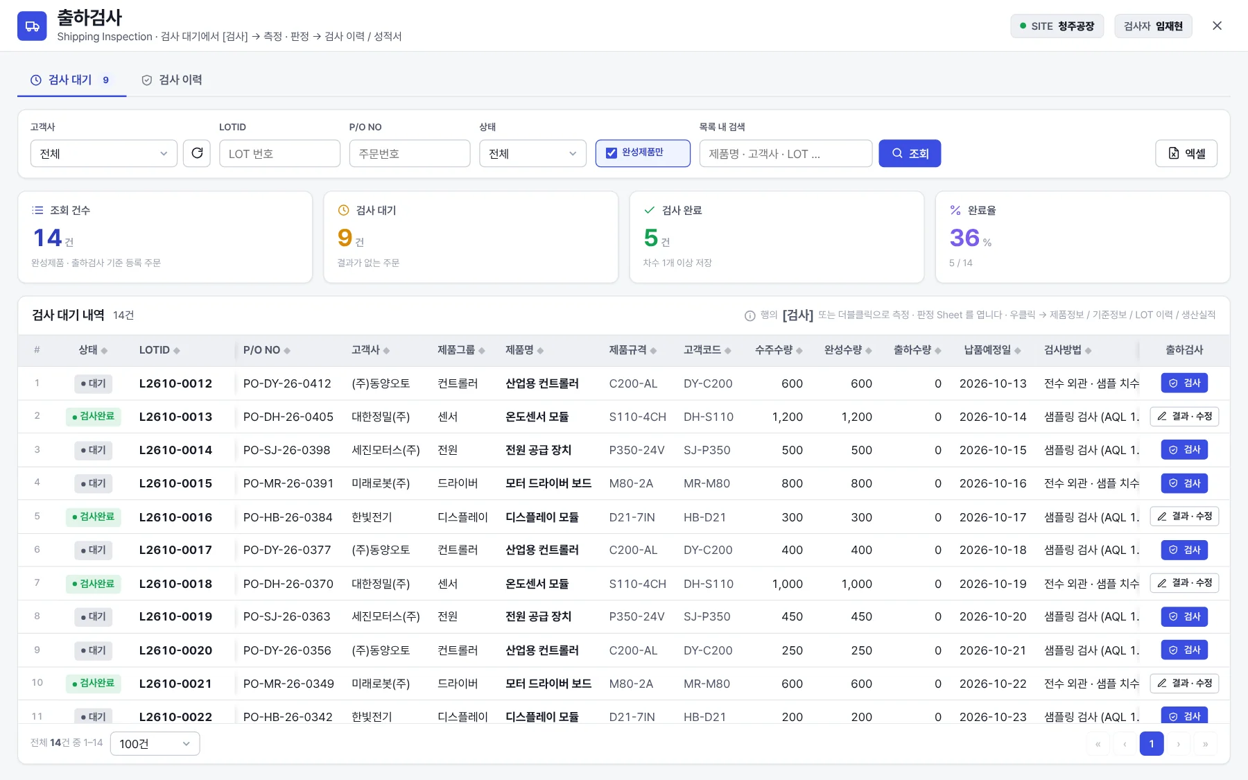 Allwiz MES 출하검사 화면