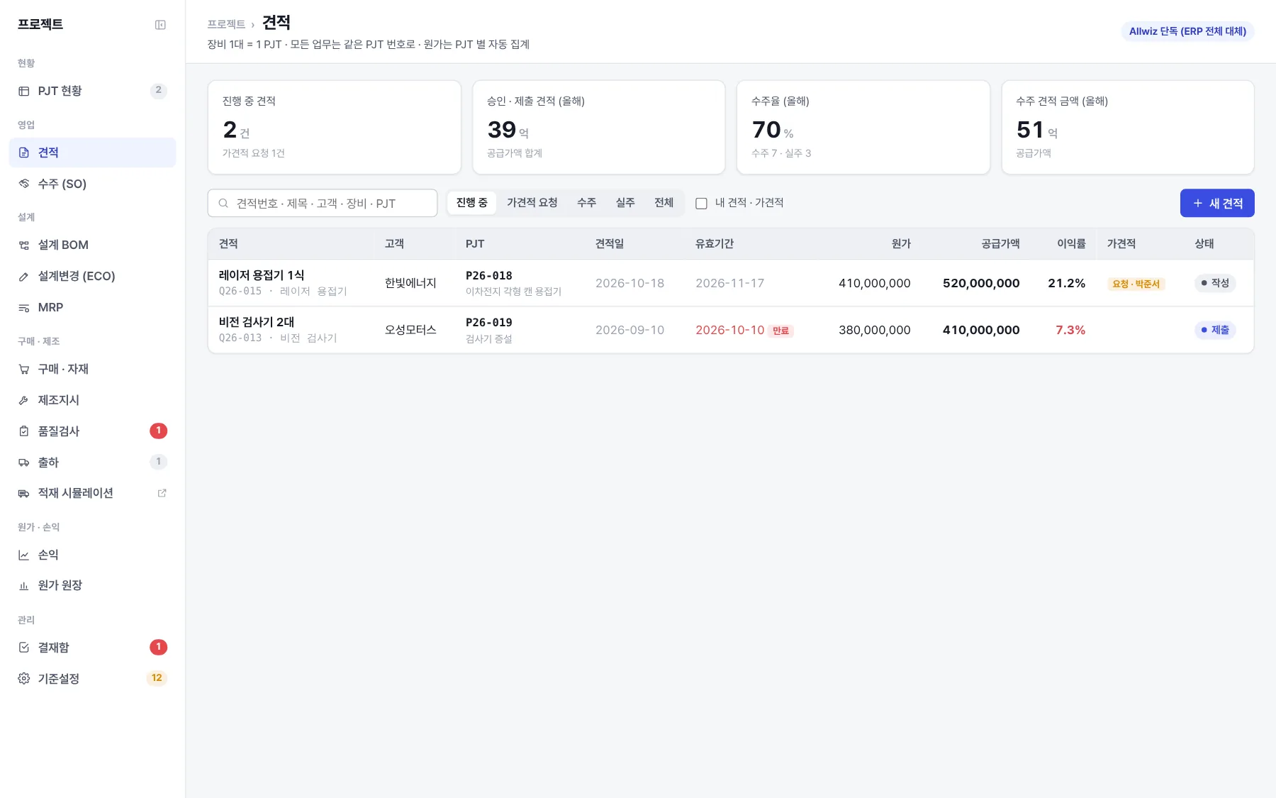 Allwiz Pro 견적 화면